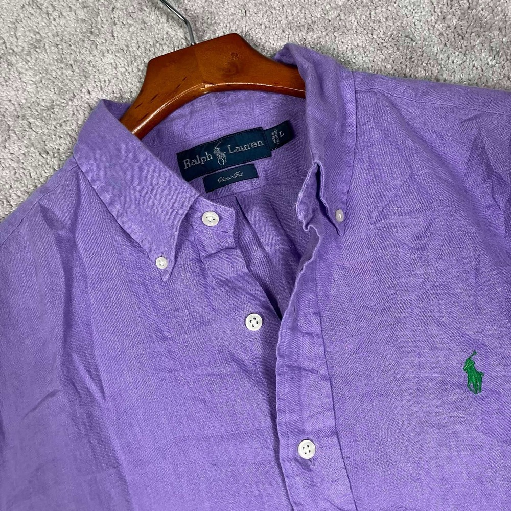 Ralph Lauren Linen Shirt Men L Purple Short Sleeve Classic Fit Button Down